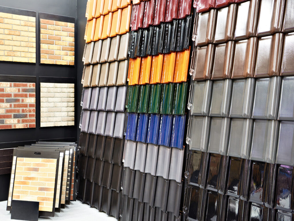 Samples of metal tiles roof in building store